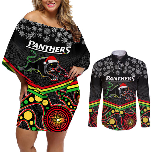 custom-panthers-rugby-christmas-couples-matching-off-shoulder-short-dress-and-long-sleeve-button-shirt-merry-xmas-2023-mix-aboriginal-art-black-version