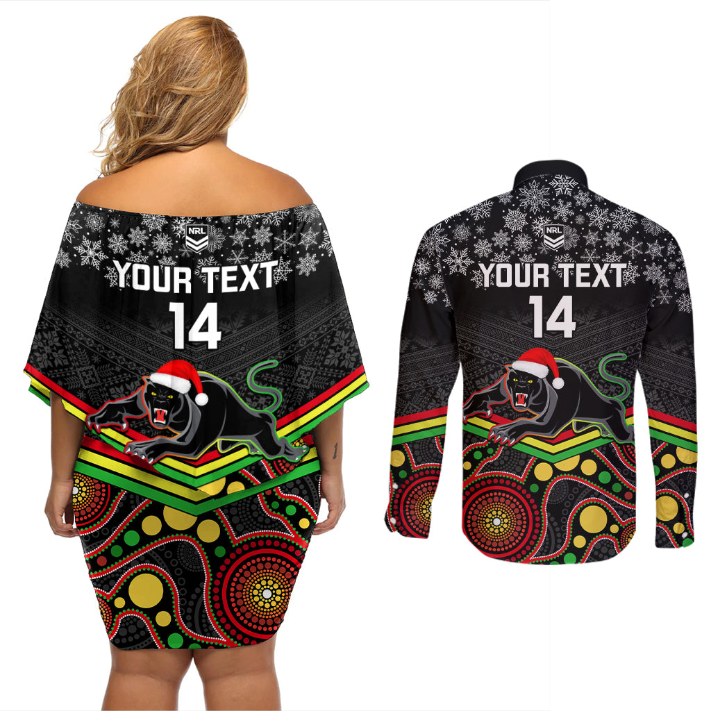 custom-panthers-rugby-christmas-couples-matching-off-shoulder-short-dress-and-long-sleeve-button-shirt-merry-xmas-2023-mix-aboriginal-art-black-version