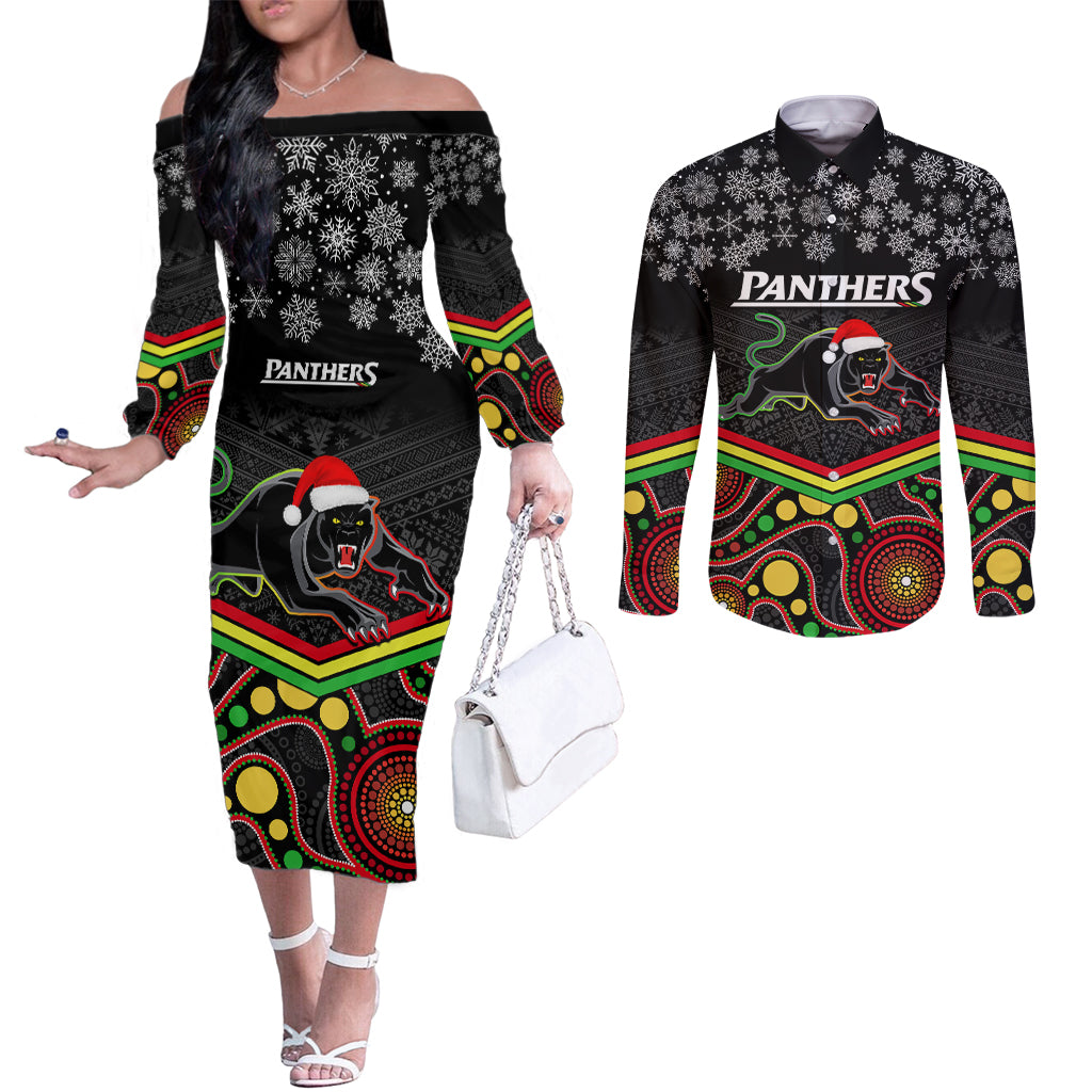 custom-panthers-rugby-christmas-couples-matching-off-the-shoulder-long-sleeve-dress-and-long-sleeve-button-shirt-merry-xmas-2023-mix-aboriginal-art-black-version
