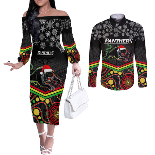 custom-panthers-rugby-christmas-couples-matching-off-the-shoulder-long-sleeve-dress-and-long-sleeve-button-shirt-merry-xmas-2023-mix-aboriginal-art-black-version
