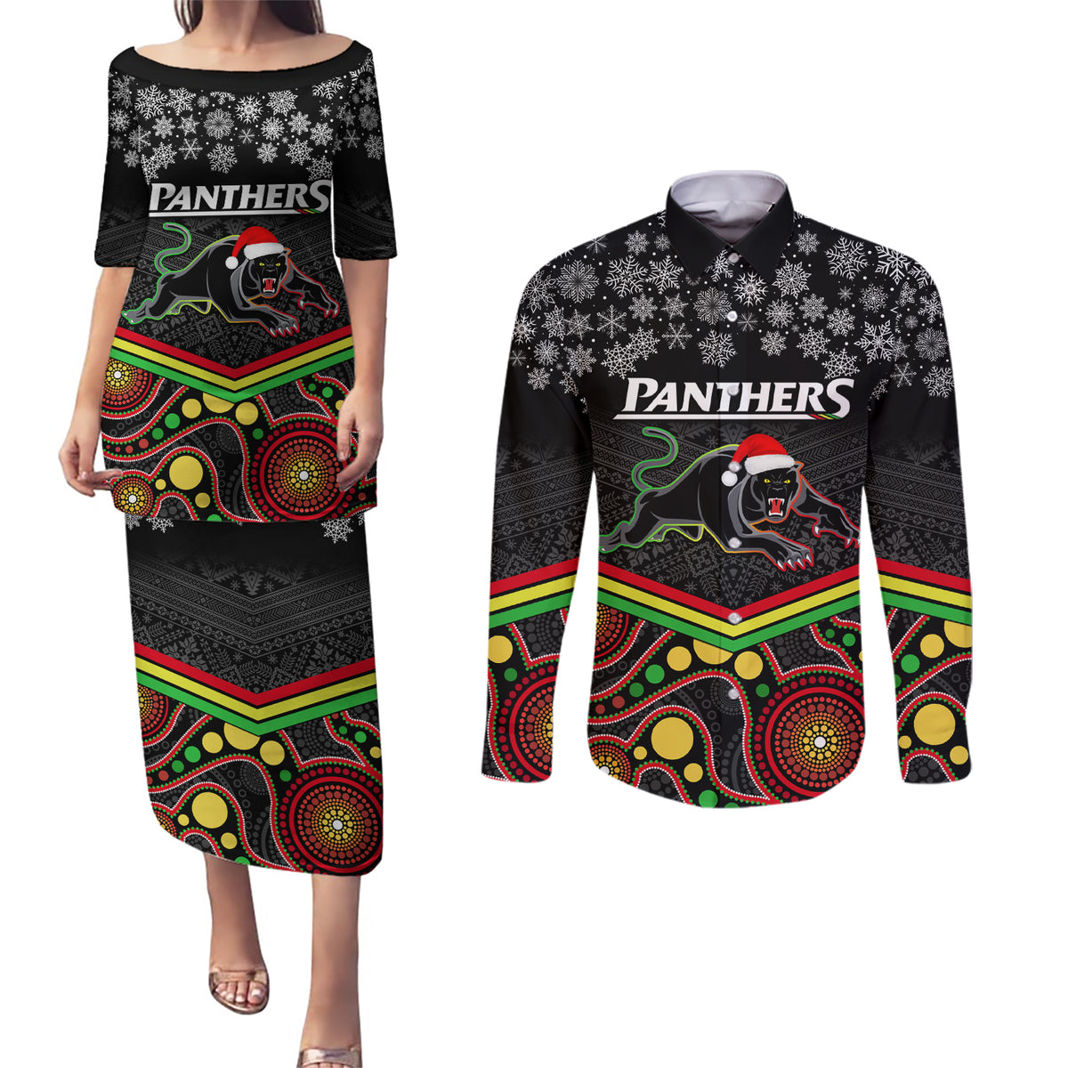 custom-panthers-rugby-christmas-couples-matching-puletasi-dress-and-long-sleeve-button-shirt-merry-xmas-2023-mix-aboriginal-art-black-version