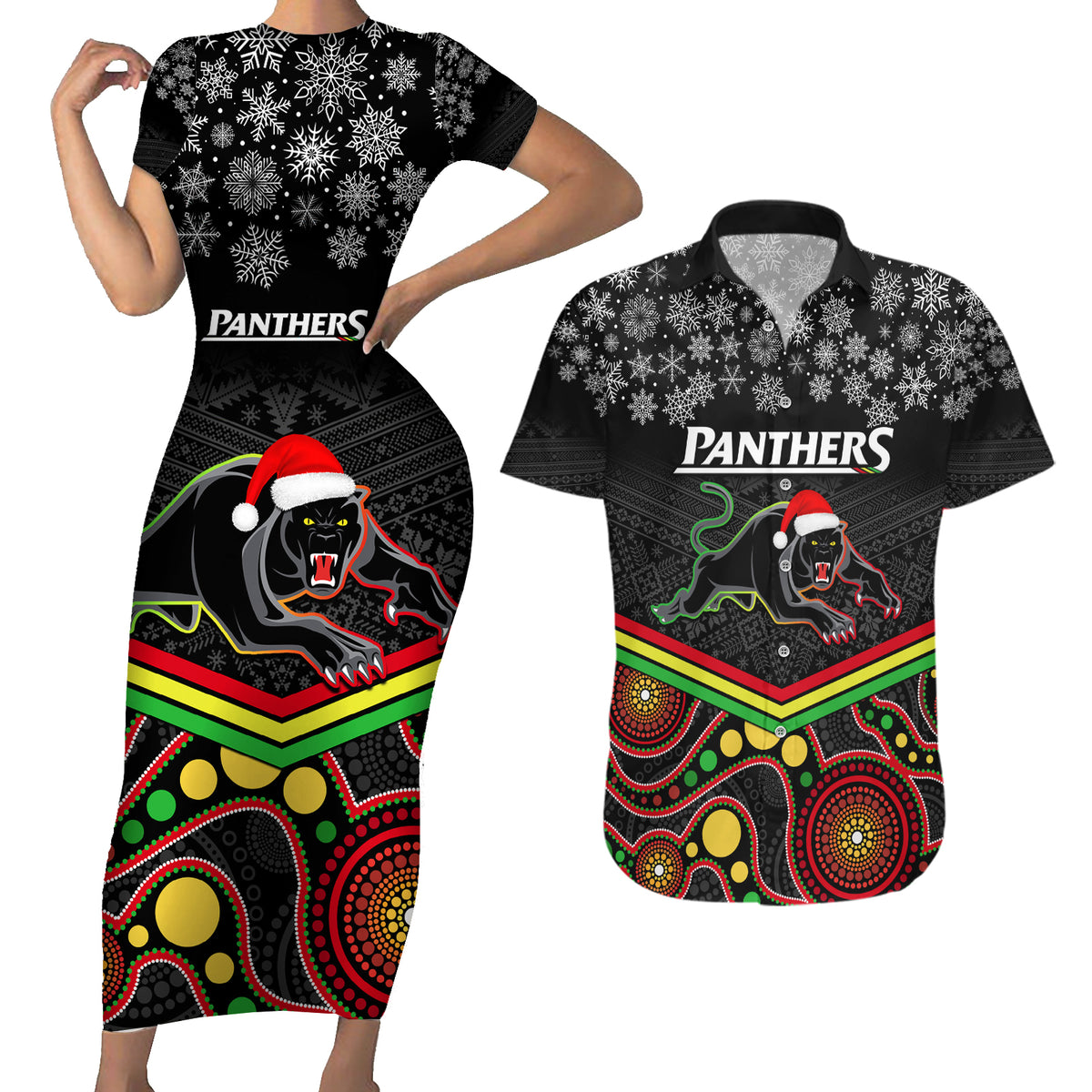 custom-panthers-rugby-christmas-couples-matching-short-sleeve-bodycon-dress-and-hawaiian-shirt-merry-xmas-2023-mix-aboriginal-art-black-version
