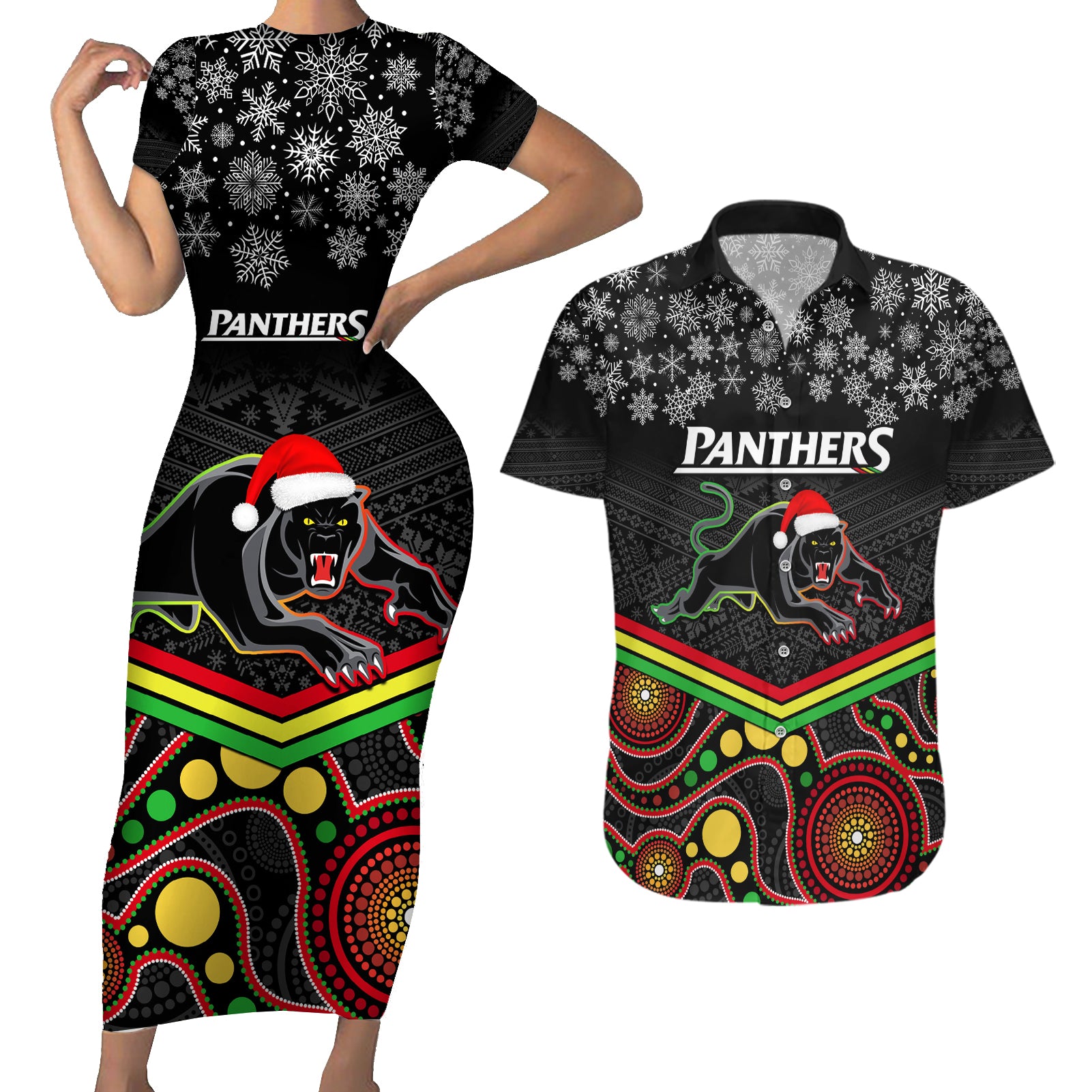 custom-panthers-rugby-christmas-couples-matching-short-sleeve-bodycon-dress-and-hawaiian-shirt-merry-xmas-2023-mix-aboriginal-art-black-version