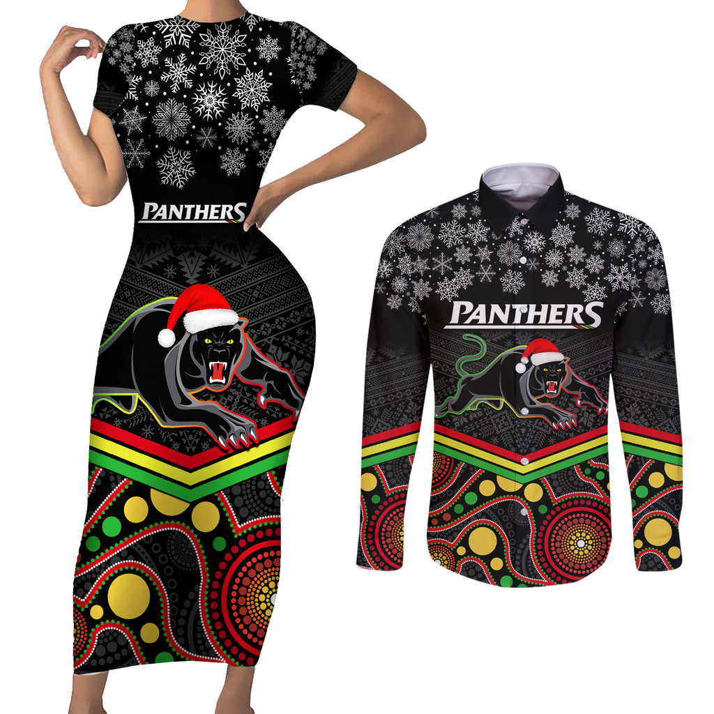 custom-panthers-rugby-christmas-couples-matching-short-sleeve-bodycon-dress-and-long-sleeve-button-shirt-merry-xmas-2023-mix-aboriginal-art-black-version