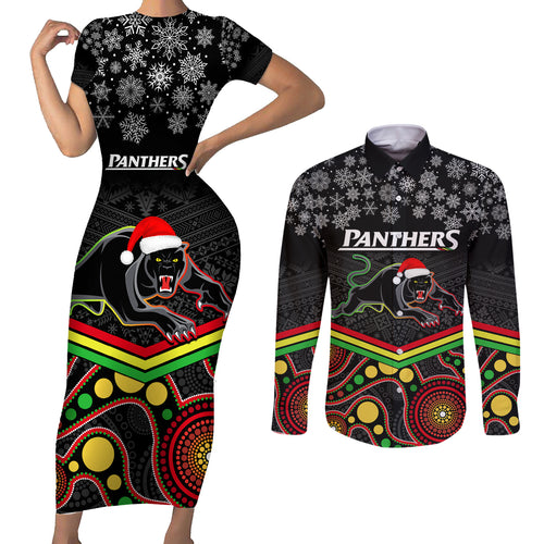 custom-panthers-rugby-christmas-couples-matching-short-sleeve-bodycon-dress-and-long-sleeve-button-shirt-merry-xmas-2023-mix-aboriginal-art-black-version