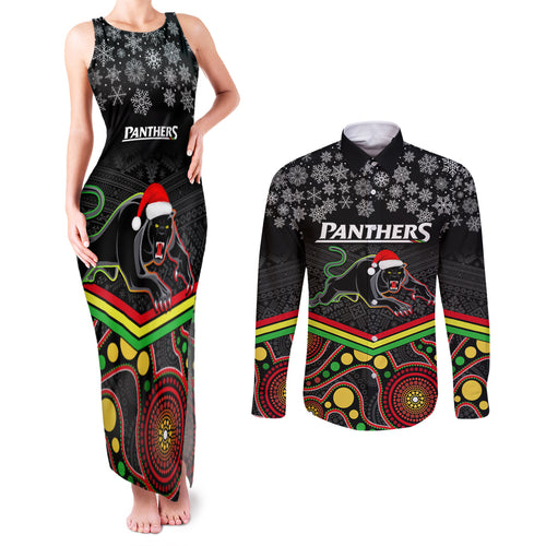 custom-panthers-rugby-christmas-couples-matching-tank-maxi-dress-and-long-sleeve-button-shirt-merry-xmas-2023-mix-aboriginal-art-black-version