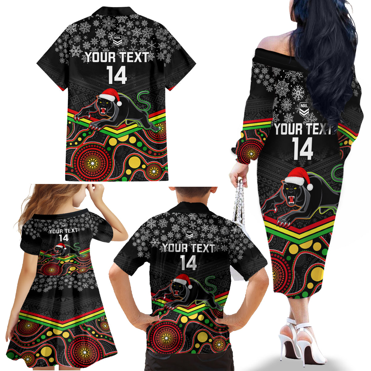 custom-panthers-rugby-christmas-family-matching-off-shoulder-long-sleeve-dress-and-hawaiian-shirt-merry-xmas-2023-mix-aboriginal-art-black-version