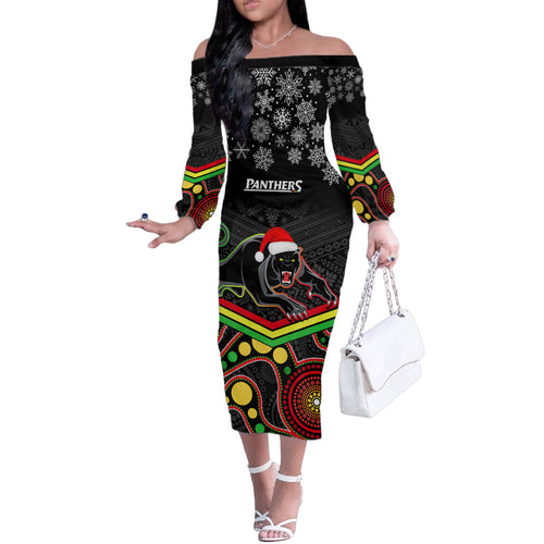 custom-panthers-rugby-christmas-family-matching-off-shoulder-long-sleeve-dress-and-hawaiian-shirt-merry-xmas-2023-mix-aboriginal-art-black-version