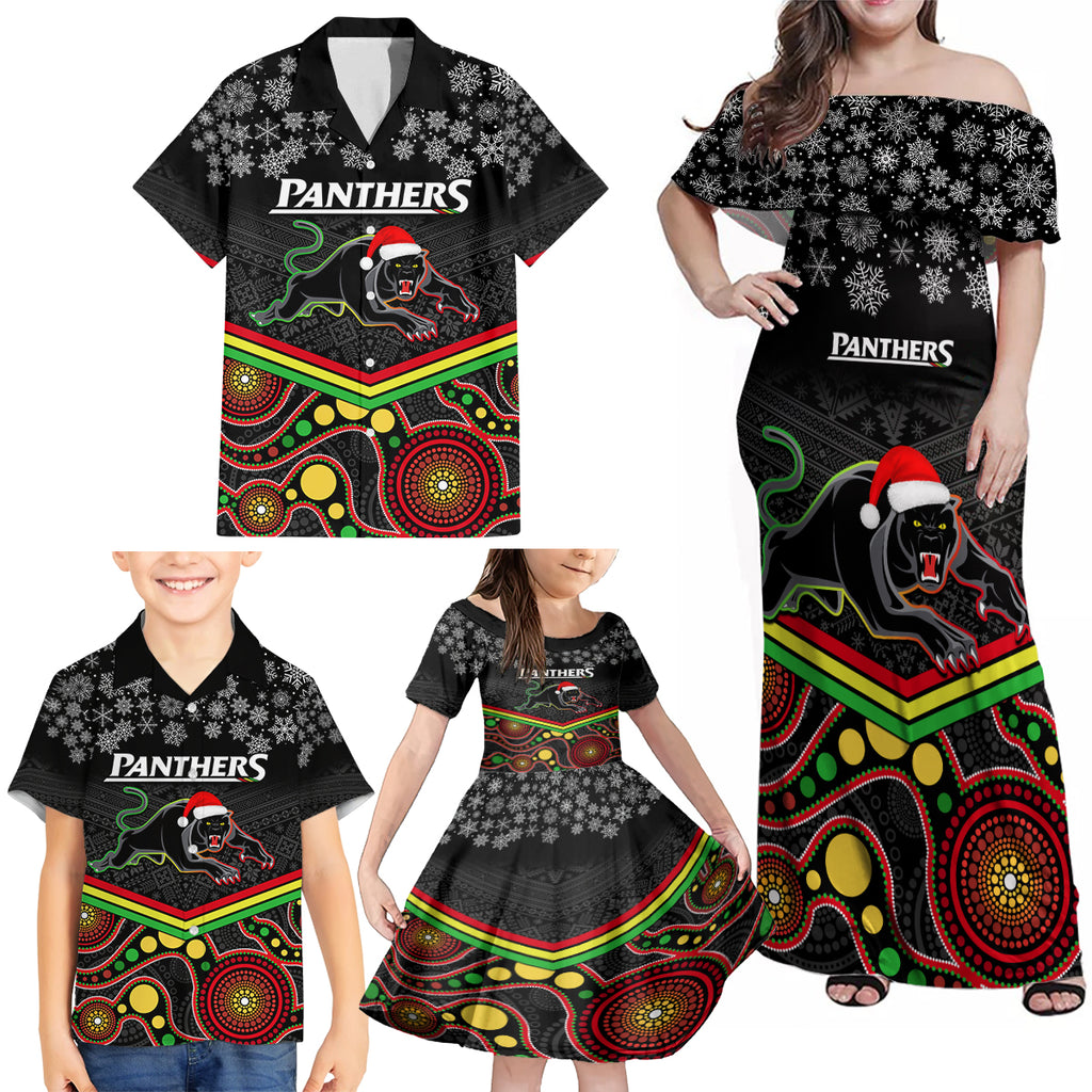 custom-panthers-rugby-christmas-family-matching-off-shoulder-maxi-dress-and-hawaiian-shirt-merry-xmas-2023-mix-aboriginal-art-black-version