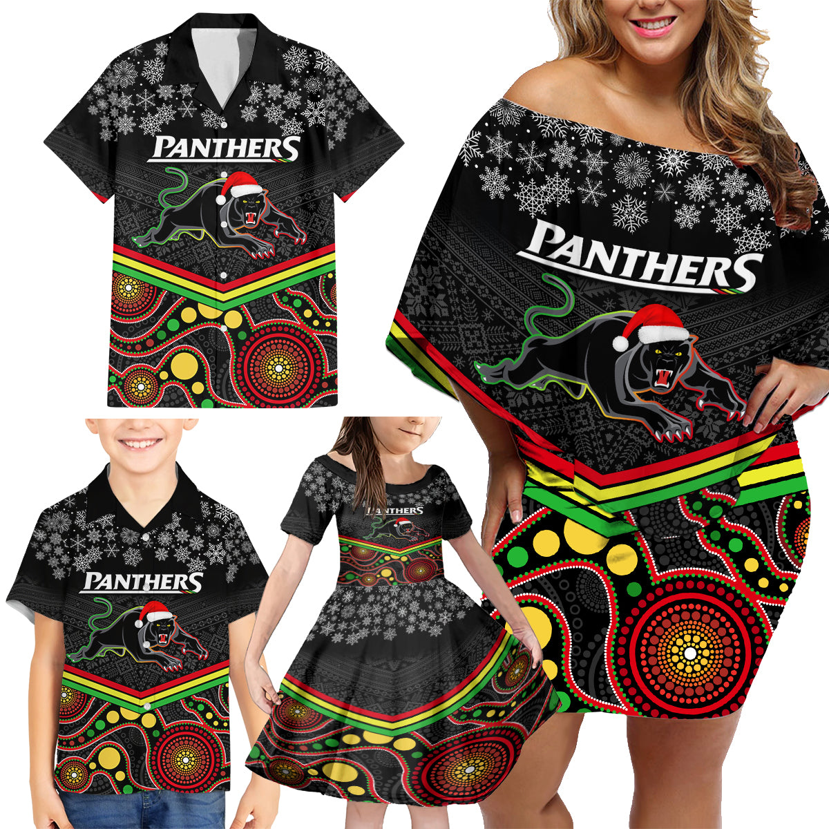 custom-panthers-rugby-christmas-family-matching-off-shoulder-short-dress-and-hawaiian-shirt-merry-xmas-2023-mix-aboriginal-art-black-version