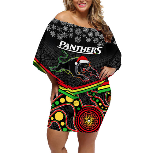 custom-panthers-rugby-christmas-family-matching-off-shoulder-short-dress-and-hawaiian-shirt-merry-xmas-2023-mix-aboriginal-art-black-version
