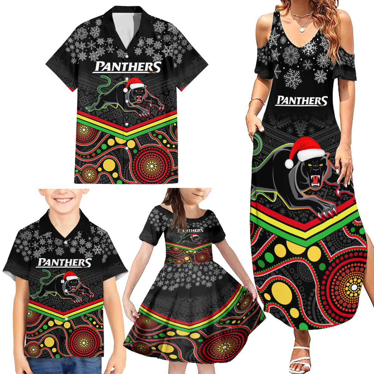 custom-panthers-rugby-christmas-family-matching-summer-maxi-dress-and-hawaiian-shirt-merry-xmas-2023-mix-aboriginal-art-black-version