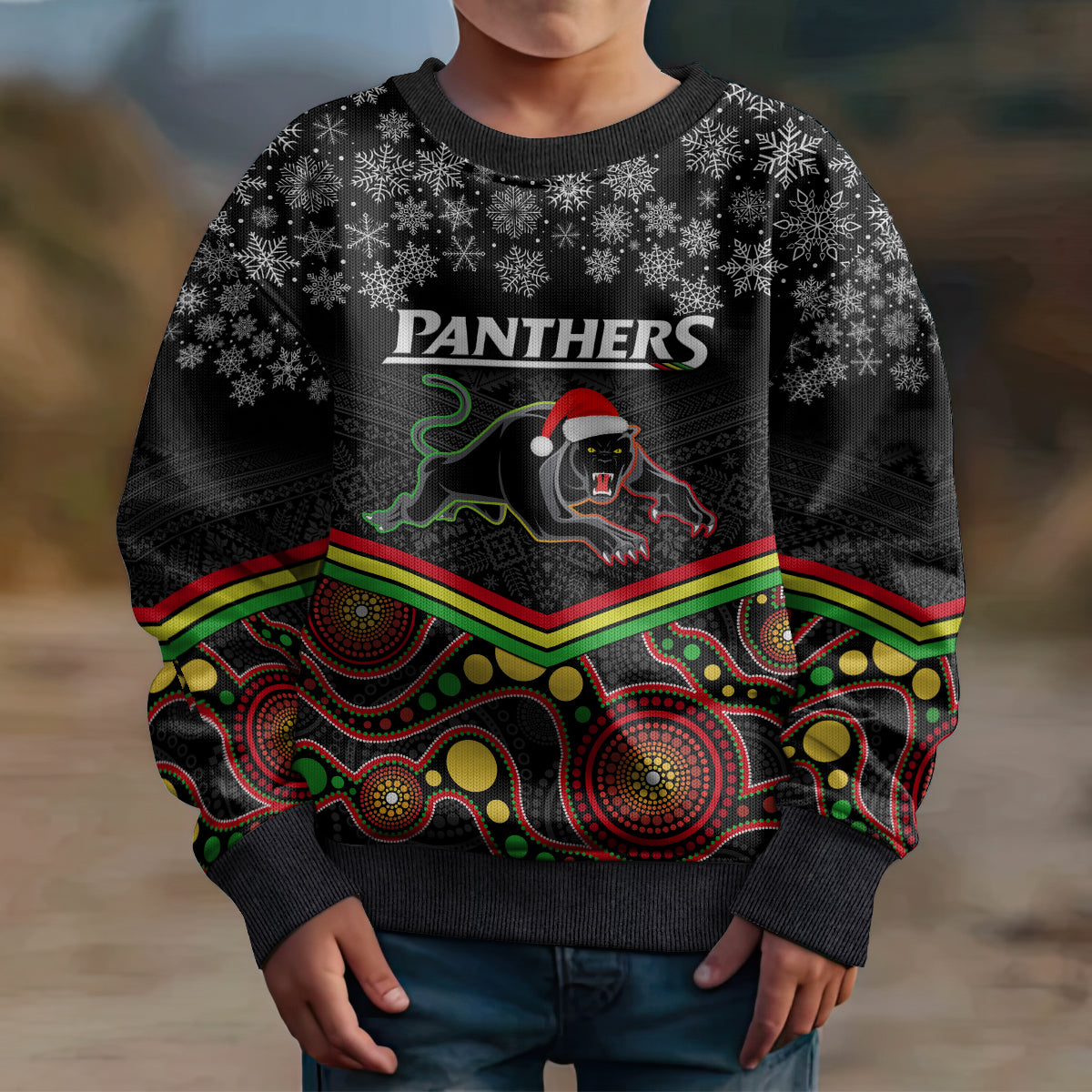 custom-panthers-rugby-christmas-kid-ugly-christmas-sweater-merry-xmas-2023-mix-aboriginal-art-black-version