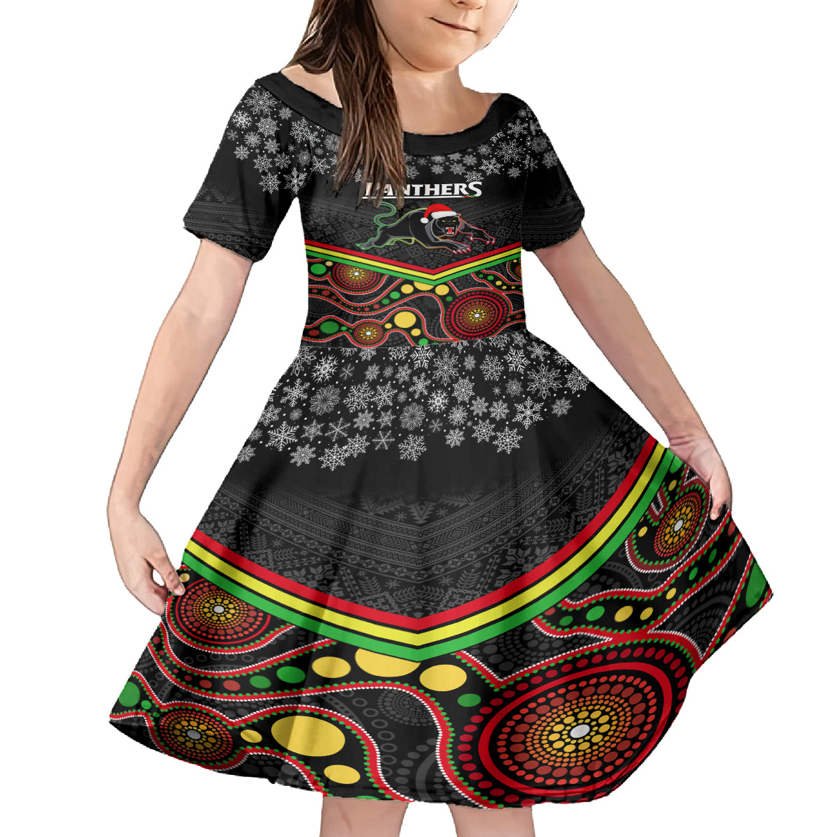 custom-panthers-rugby-christmas-kid-short-sleeve-dress-merry-xmas-2023-mix-aboriginal-art-black-version