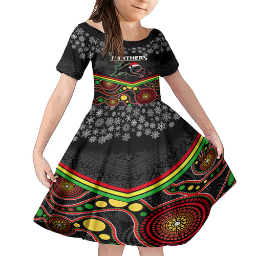 custom-panthers-rugby-christmas-kid-short-sleeve-dress-merry-xmas-2023-mix-aboriginal-art-black-version