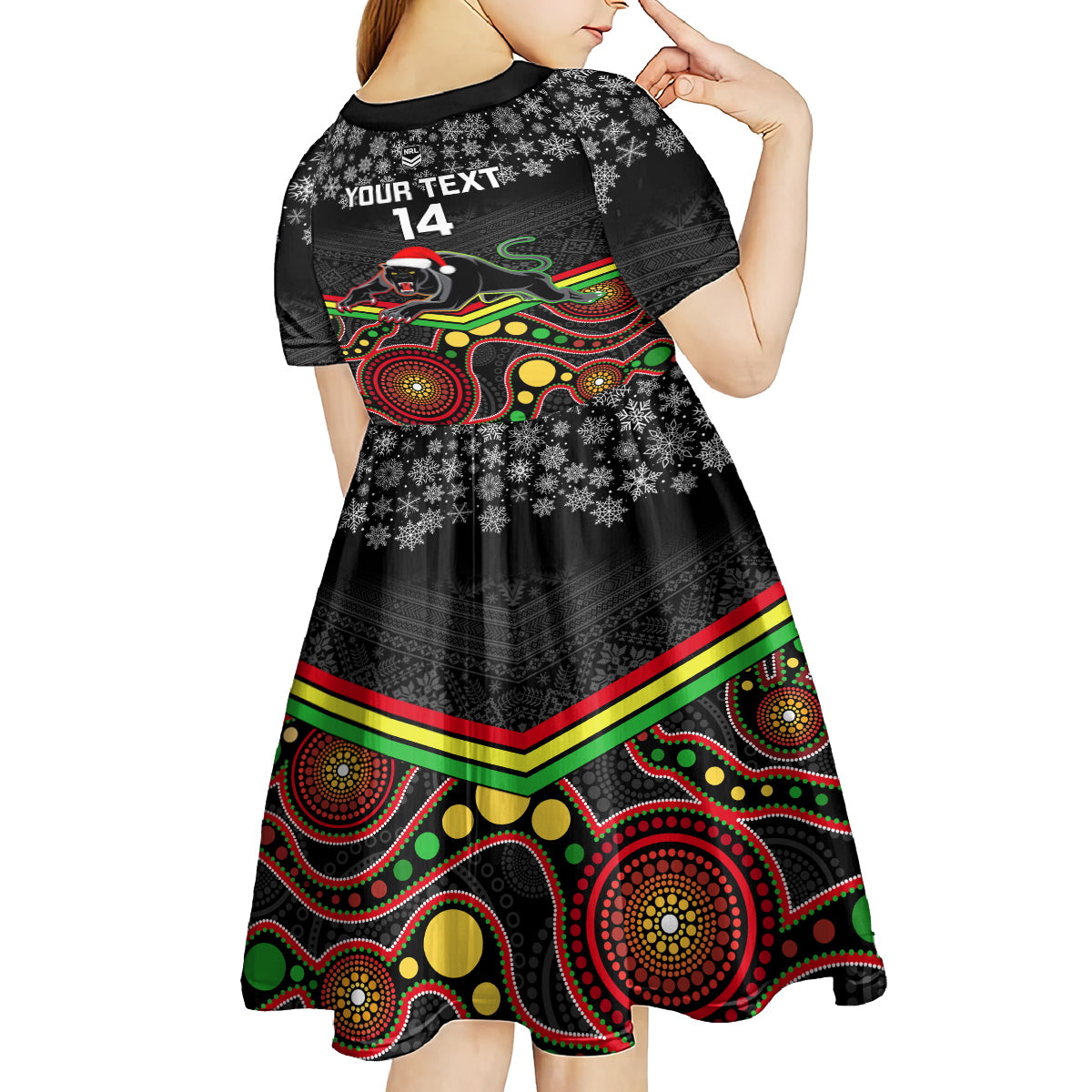 custom-panthers-rugby-christmas-kid-short-sleeve-dress-merry-xmas-2023-mix-aboriginal-art-black-version