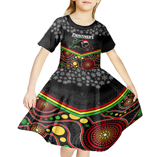 custom-panthers-rugby-christmas-kid-short-sleeve-dress-merry-xmas-2023-mix-aboriginal-art-black-version