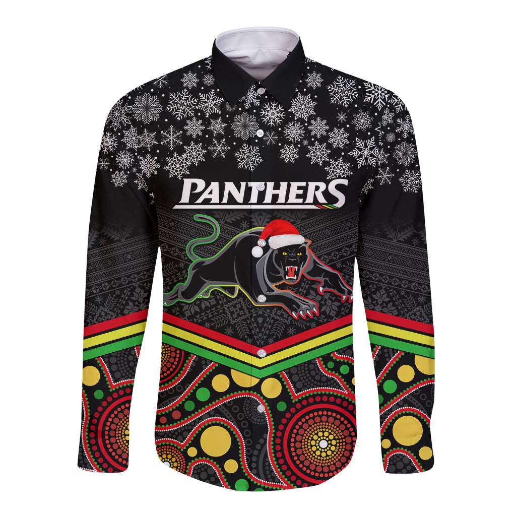 custom-panthers-rugby-christmas-long-sleeve-button-shirt-merry-xmas-2023-mix-aboriginal-art-black-version