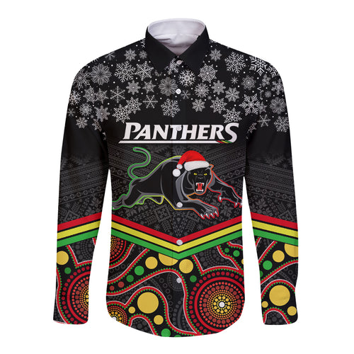 custom-panthers-rugby-christmas-long-sleeve-button-shirt-merry-xmas-2023-mix-aboriginal-art-black-version