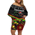 custom-panthers-rugby-christmas-off-shoulder-short-dress-merry-xmas-2023-mix-aboriginal-art-black-version