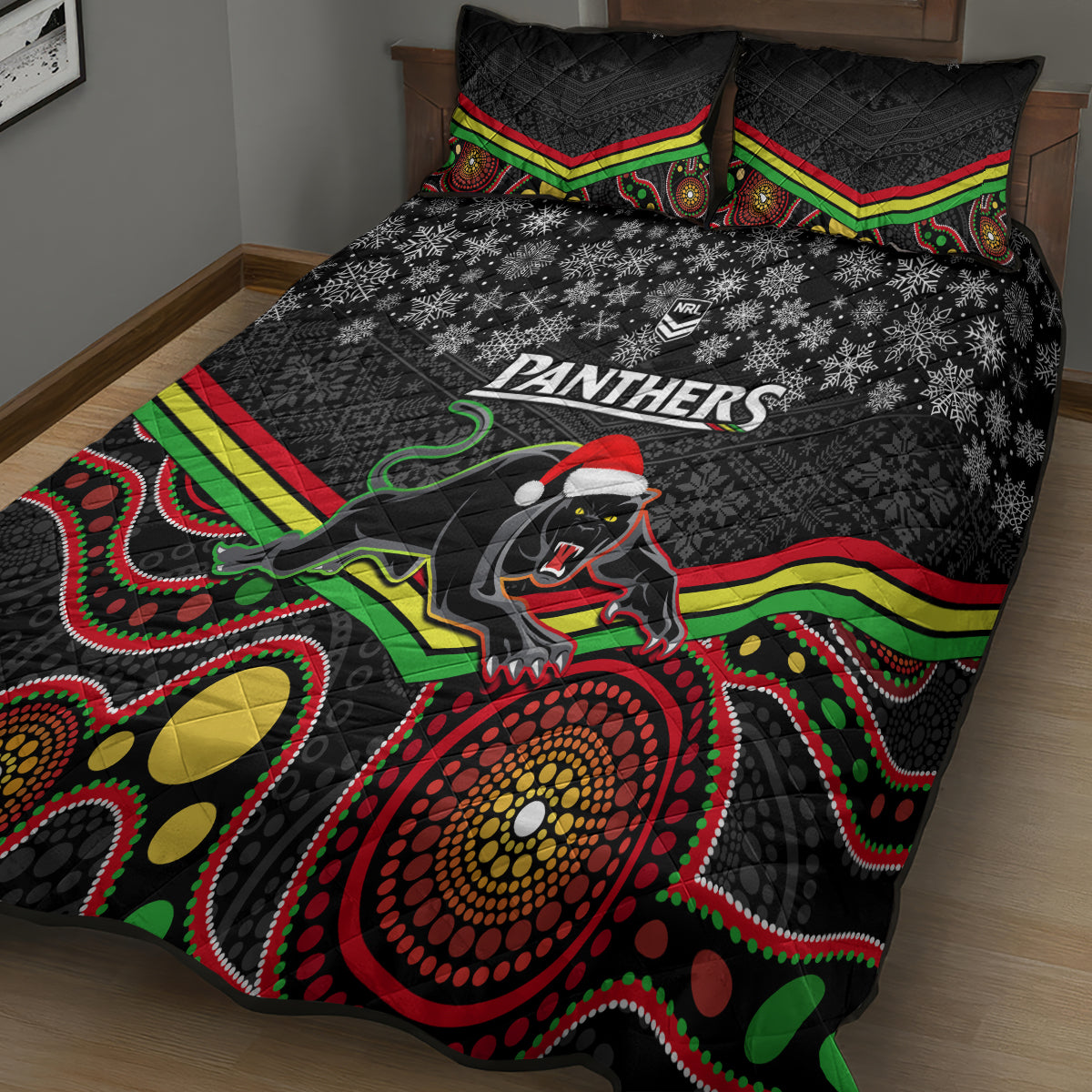 custom-panthers-rugby-christmas-quilt-bed-set-merry-xmas-2023-mix-aboriginal-art-black-version