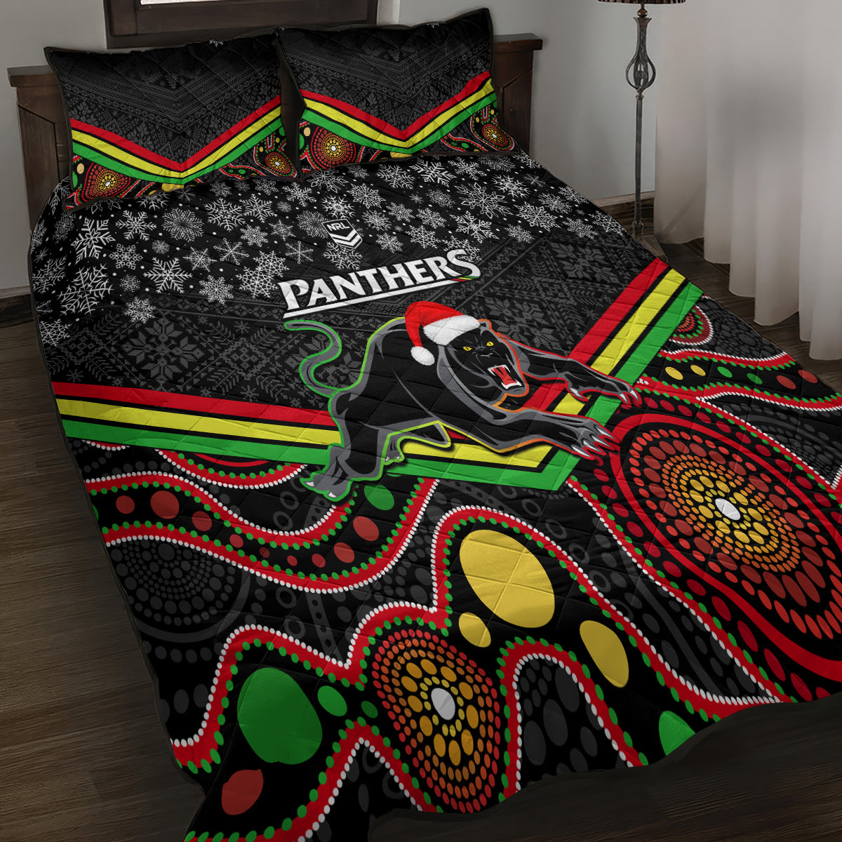 custom-panthers-rugby-christmas-quilt-bed-set-merry-xmas-2023-mix-aboriginal-art-black-version
