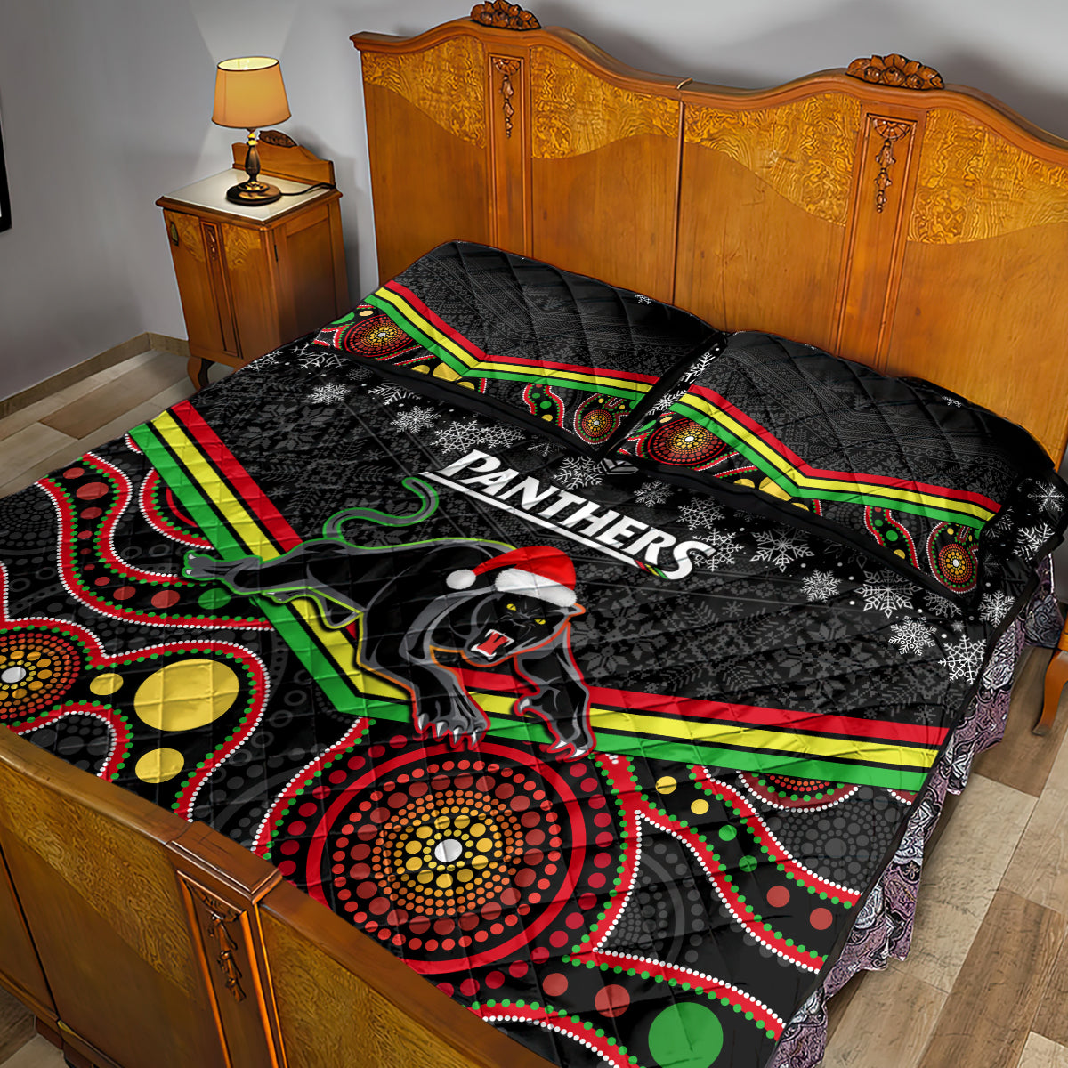 custom-panthers-rugby-christmas-quilt-bed-set-merry-xmas-2023-mix-aboriginal-art-black-version