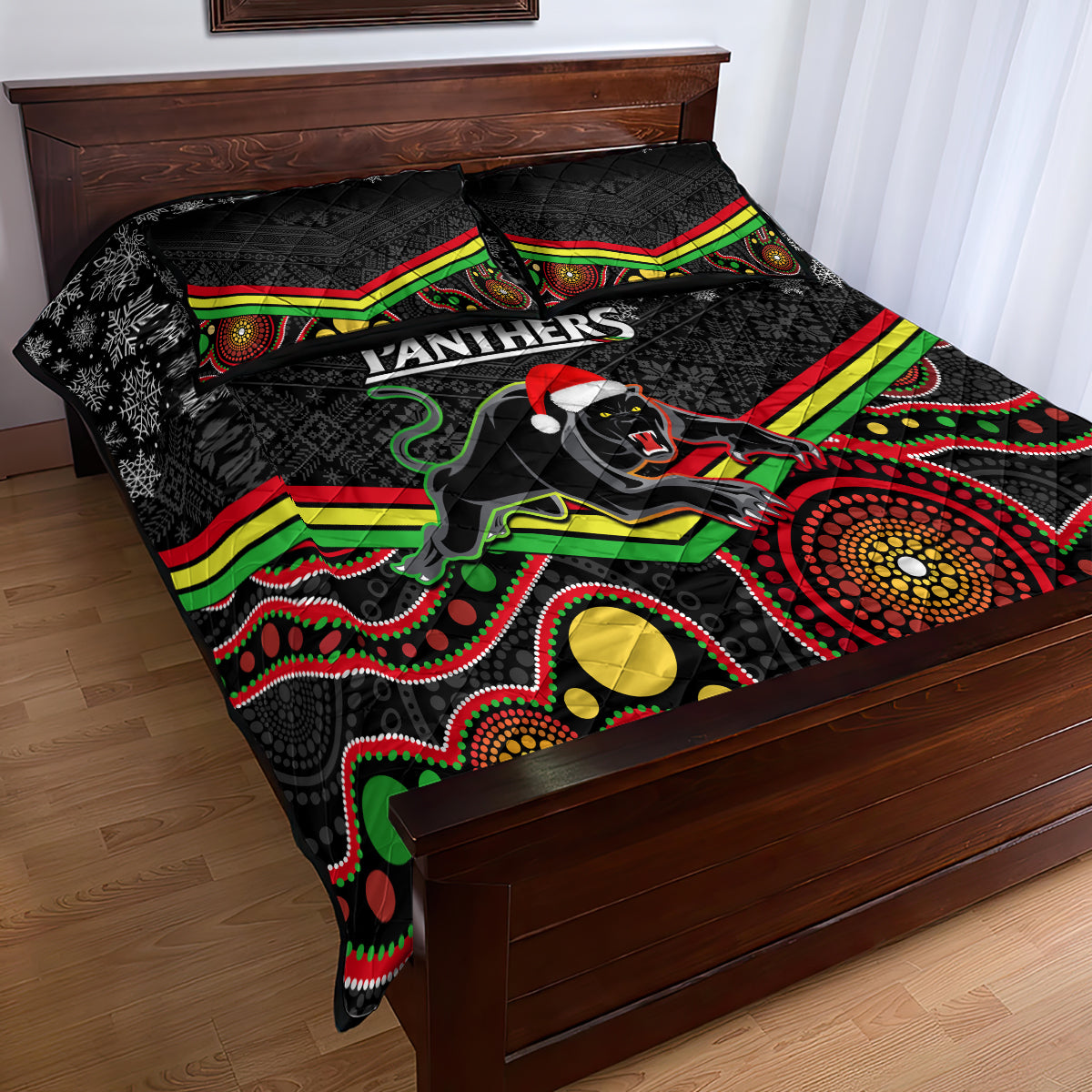 custom-panthers-rugby-christmas-quilt-bed-set-merry-xmas-2023-mix-aboriginal-art-black-version