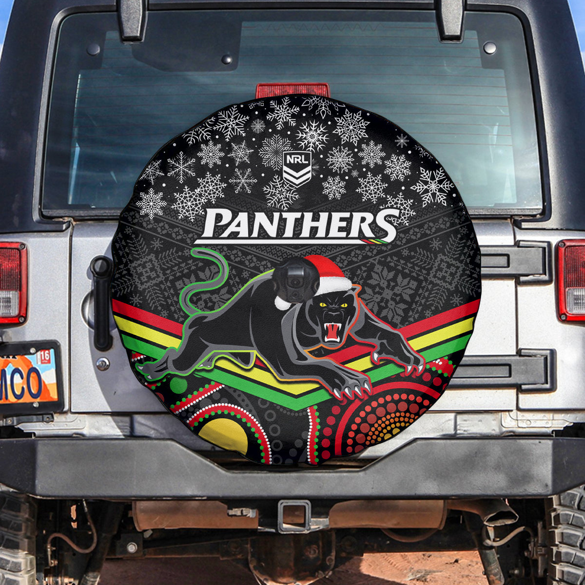 custom-panthers-rugby-christmas-spare-tire-cover-merry-xmas-2023-mix-aboriginal-art-black-version