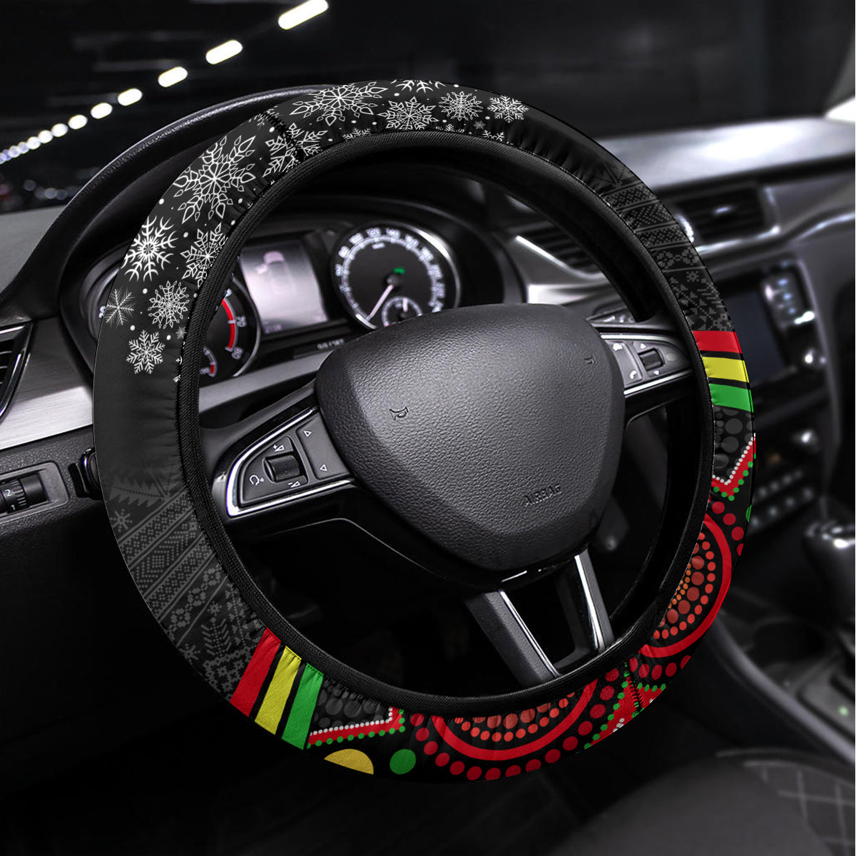 Panthers Rugby Christmas Steering Wheel Cover Merry Xmas 2023 Mix Aboriginal Art Black Version
