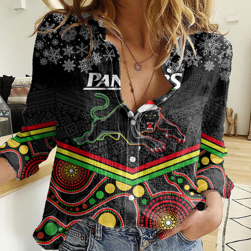 custom-panthers-rugby-christmas-women-casual-shirt-merry-xmas-2023-mix-aboriginal-art-black-version