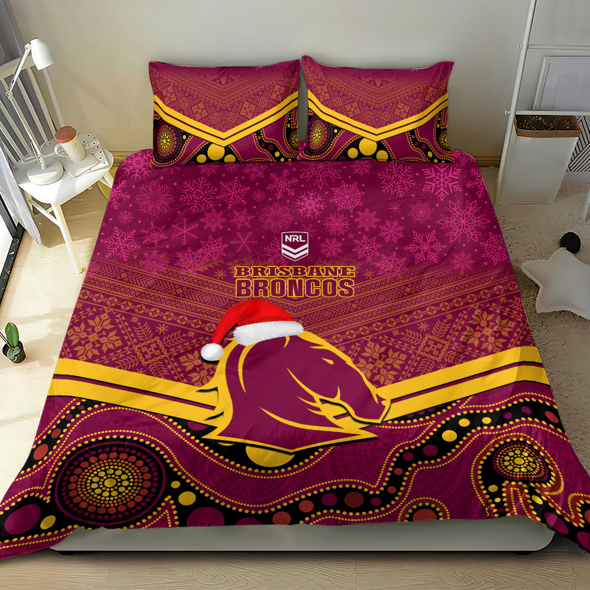custom-brisbane-broncos-rugby-christmas-bedding-set-merry-xmas-2023-mix-aboriginal-art