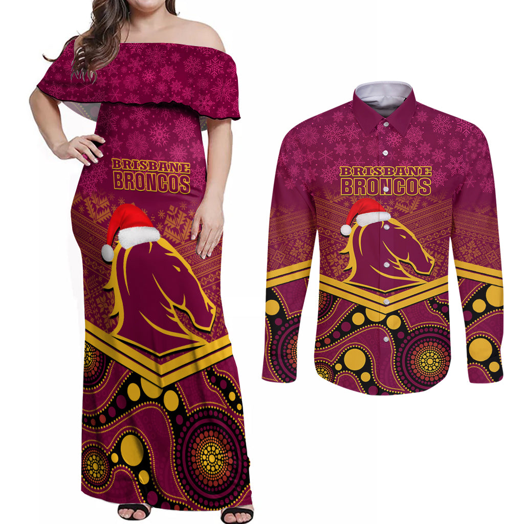custom-brisbane-broncos-rugby-christmas-couples-matching-off-shoulder-maxi-dress-and-long-sleeve-button-shirt-merry-xmas-2023-mix-aboriginal-art
