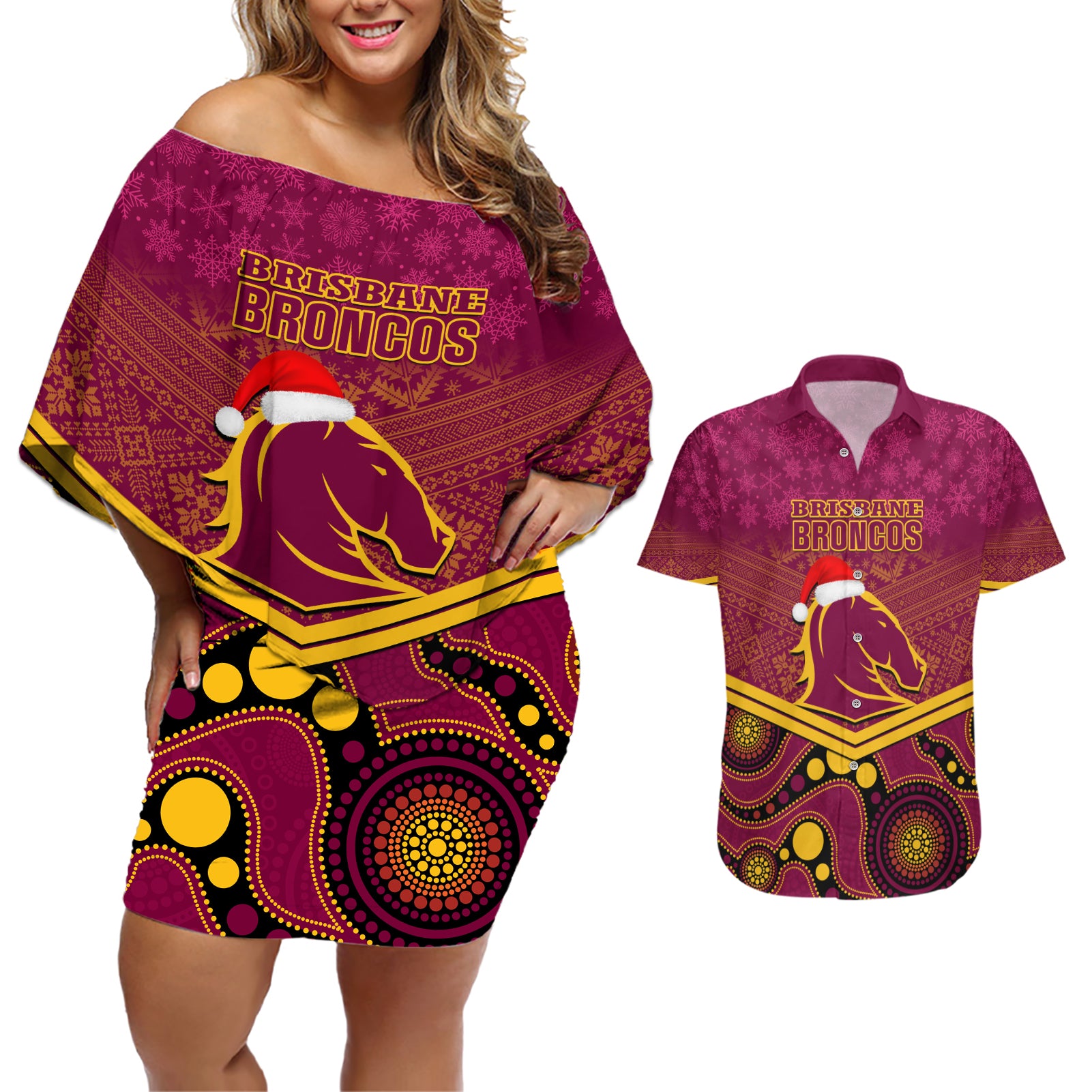 custom-brisbane-broncos-rugby-christmas-couples-matching-off-shoulder-short-dress-and-hawaiian-shirt-merry-xmas-2023-mix-aboriginal-art