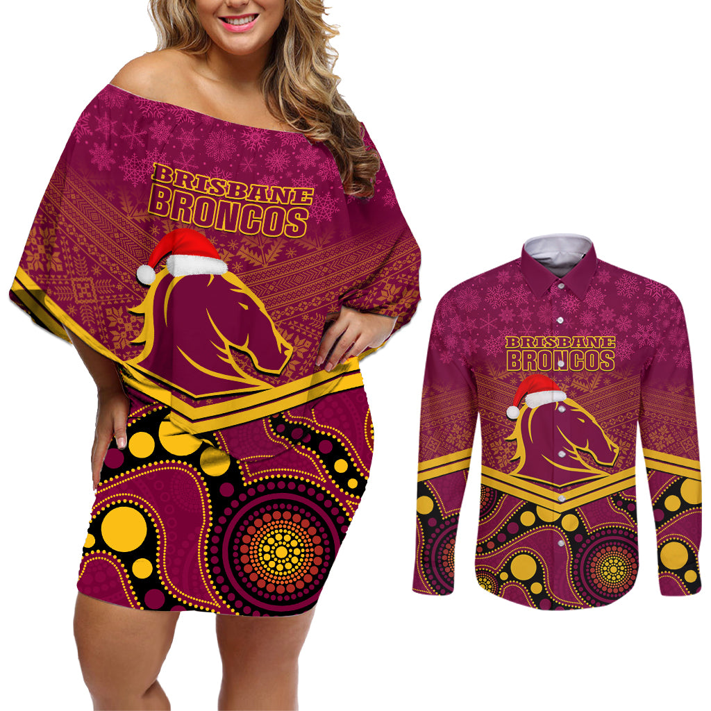 custom-brisbane-broncos-rugby-christmas-couples-matching-off-shoulder-short-dress-and-long-sleeve-button-shirt-merry-xmas-2023-mix-aboriginal-art