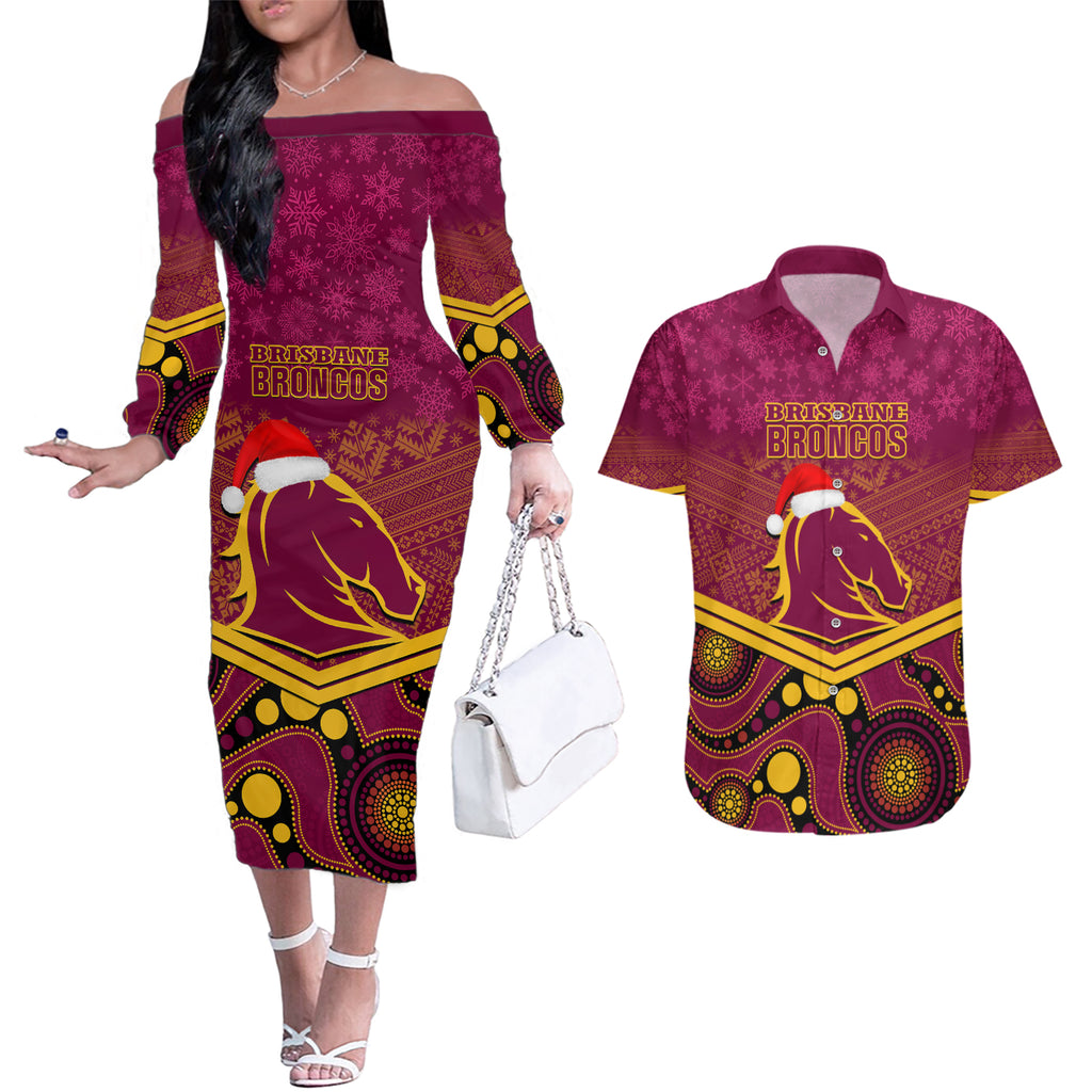custom-brisbane-broncos-rugby-christmas-couples-matching-off-the-shoulder-long-sleeve-dress-and-hawaiian-shirt-merry-xmas-2023-mix-aboriginal-art