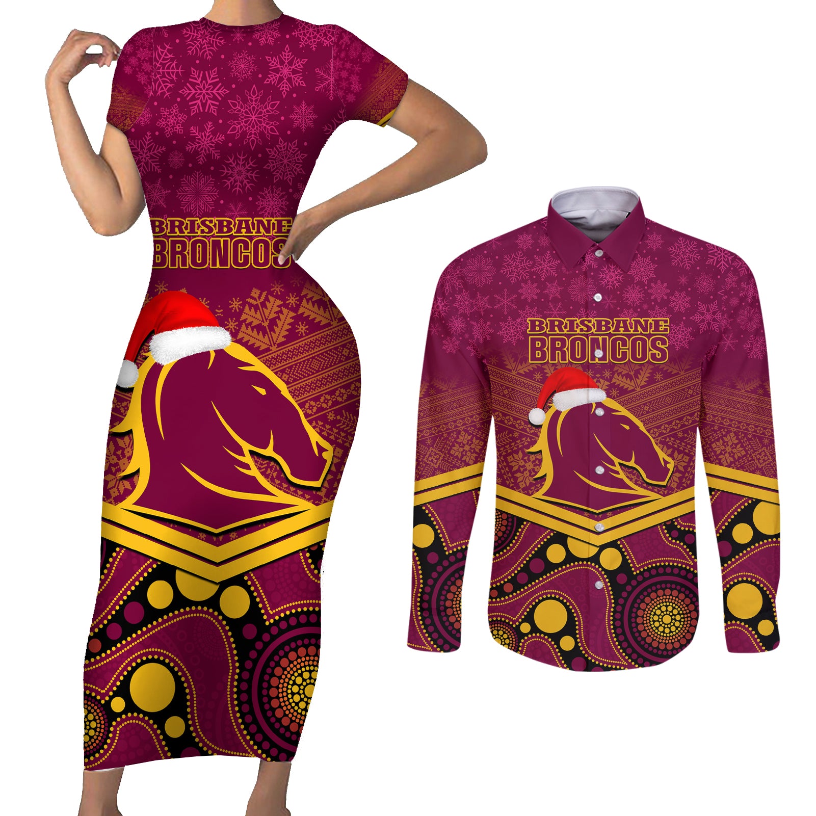 custom-brisbane-broncos-rugby-christmas-couples-matching-short-sleeve-bodycon-dress-and-long-sleeve-button-shirt-merry-xmas-2023-mix-aboriginal-art