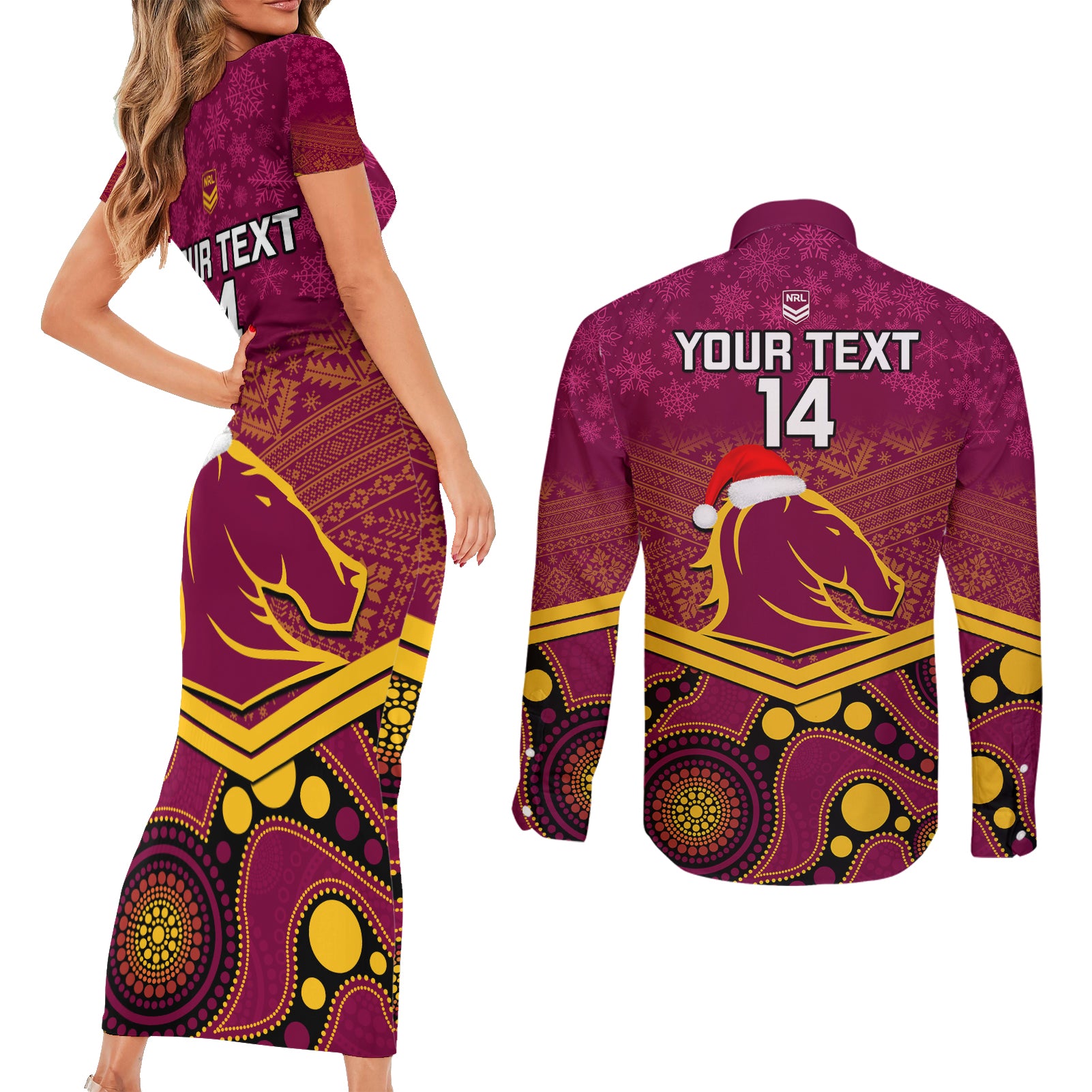 custom-brisbane-broncos-rugby-christmas-couples-matching-short-sleeve-bodycon-dress-and-long-sleeve-button-shirt-merry-xmas-2023-mix-aboriginal-art