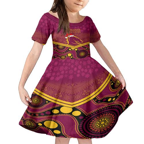 custom-brisbane-broncos-rugby-christmas-kid-short-sleeve-dress-merry-xmas-2023-mix-aboriginal-art