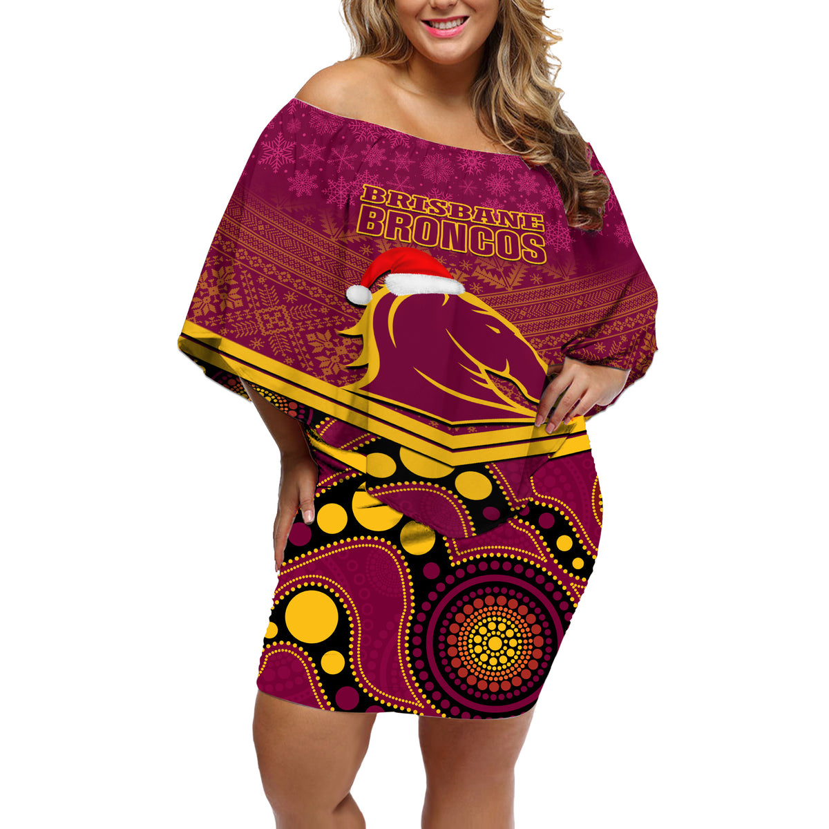 custom-brisbane-broncos-rugby-christmas-off-shoulder-short-dress-merry-xmas-2023-mix-aboriginal-art