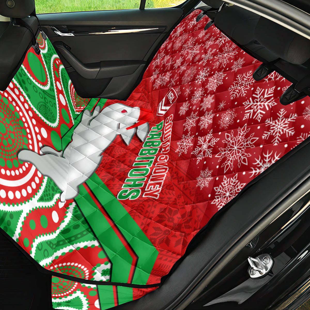 custom-rabbitohs-rugby-christmas-back-car-seat-cover-merry-xmas-2023-mix-aboriginal-art