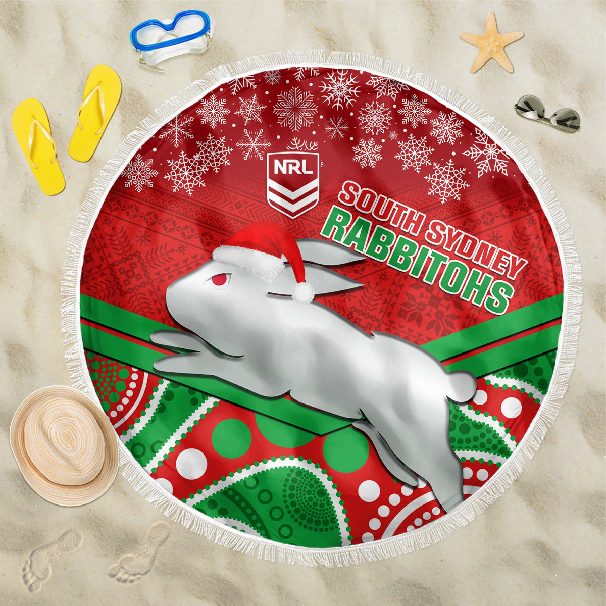 custom-rabbitohs-rugby-christmas-beach-blanket-merry-xmas-2023-mix-aboriginal-art