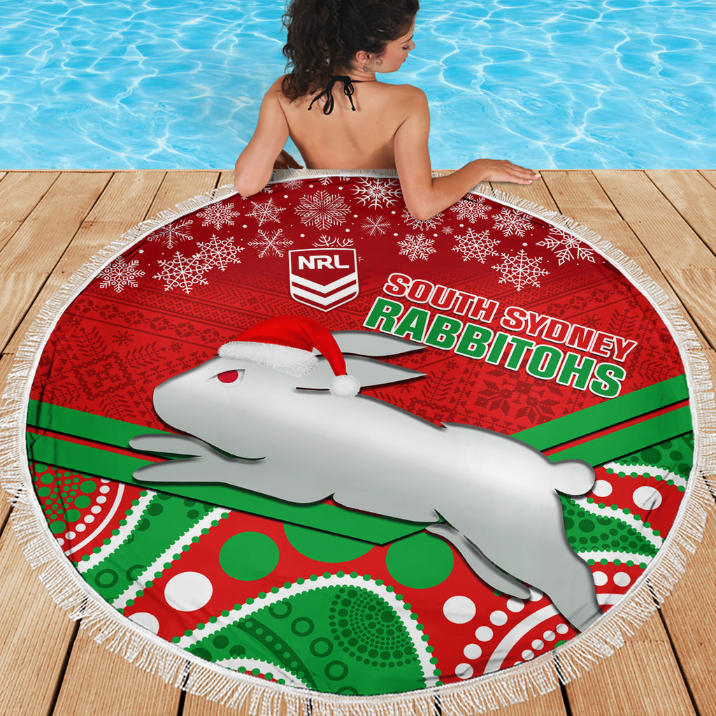 custom-rabbitohs-rugby-christmas-beach-blanket-merry-xmas-2023-mix-aboriginal-art