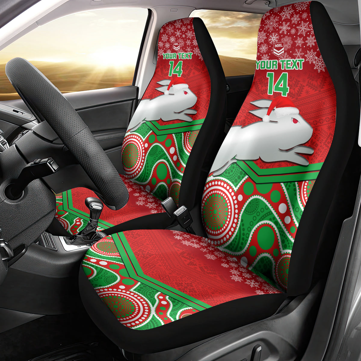custom-rabbitohs-rugby-christmas-car-seat-cover-merry-xmas-2023-mix-aboriginal-art