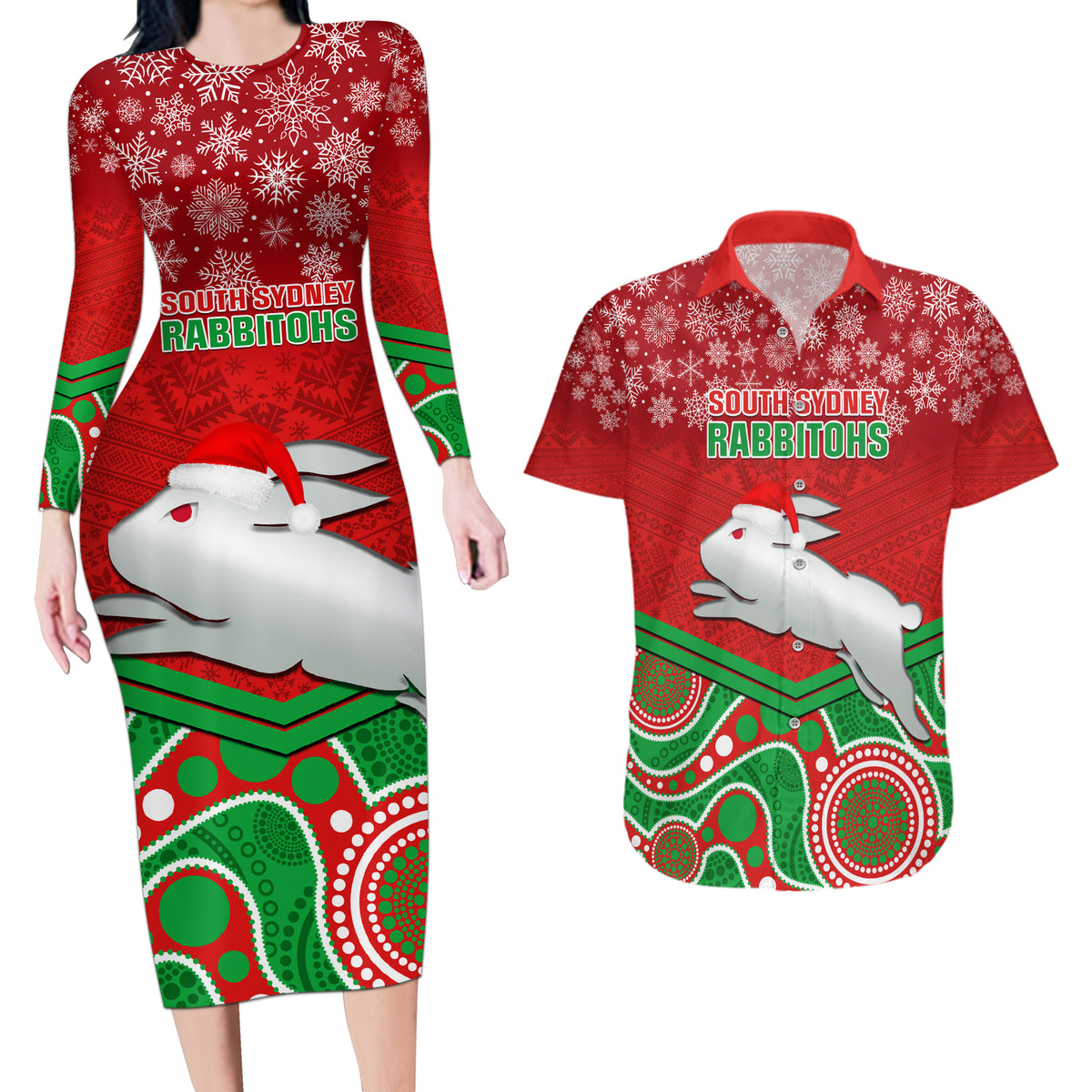 custom-rabbitohs-rugby-christmas-couples-matching-long-sleeve-bodycon-dress-and-hawaiian-shirt-merry-xmas-2023-mix-aboriginal-art