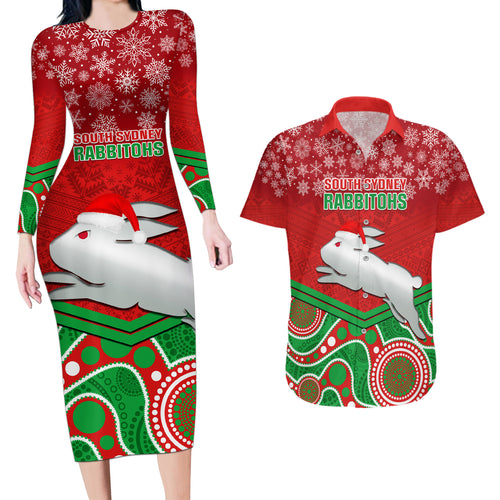 custom-rabbitohs-rugby-christmas-couples-matching-long-sleeve-bodycon-dress-and-hawaiian-shirt-merry-xmas-2023-mix-aboriginal-art