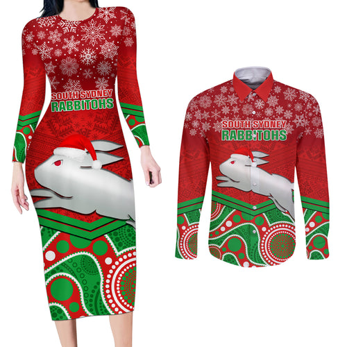 custom-rabbitohs-rugby-christmas-couples-matching-long-sleeve-bodycon-dress-and-long-sleeve-button-shirt-merry-xmas-2023-mix-aboriginal-art