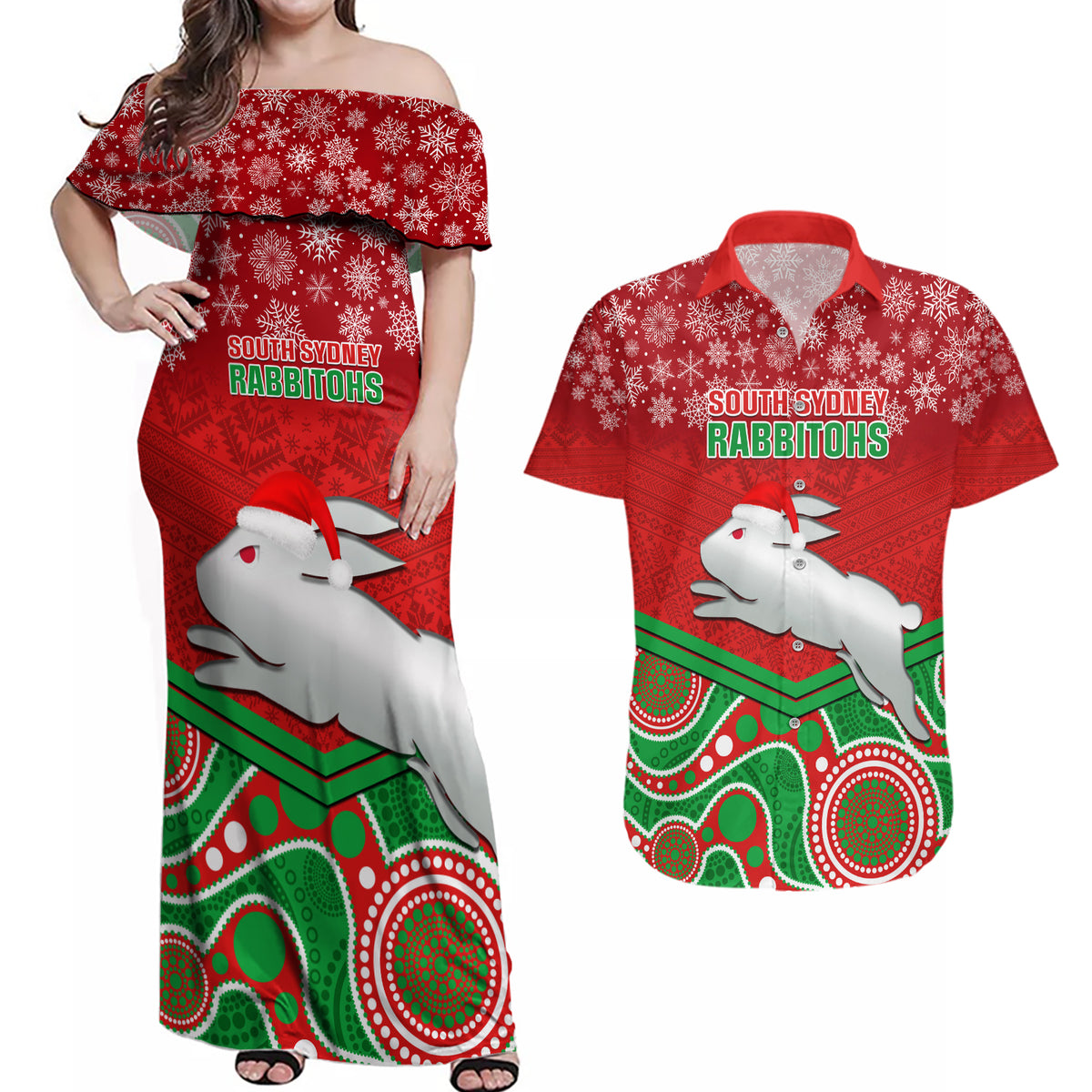 custom-rabbitohs-rugby-christmas-couples-matching-off-shoulder-maxi-dress-and-hawaiian-shirt-merry-xmas-2023-mix-aboriginal-art
