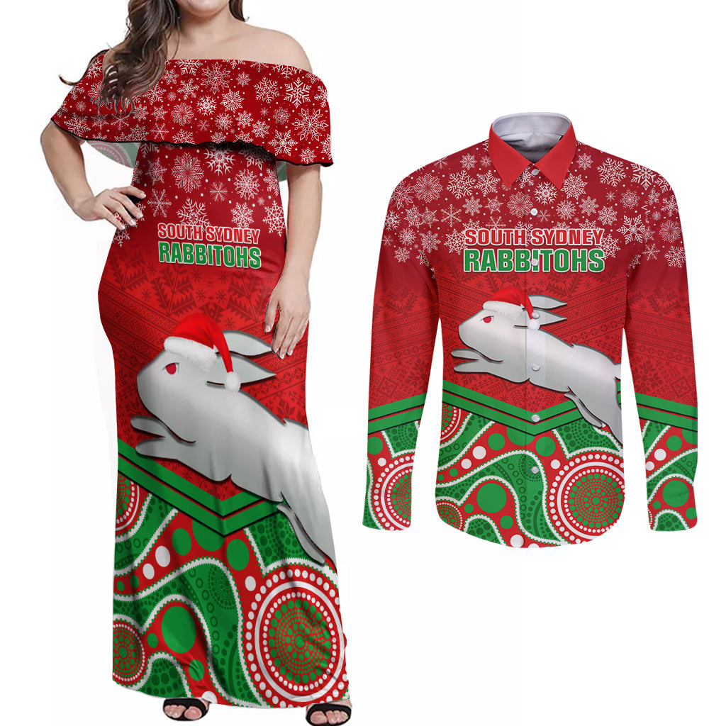 custom-rabbitohs-rugby-christmas-couples-matching-off-shoulder-maxi-dress-and-long-sleeve-button-shirt-merry-xmas-2023-mix-aboriginal-art