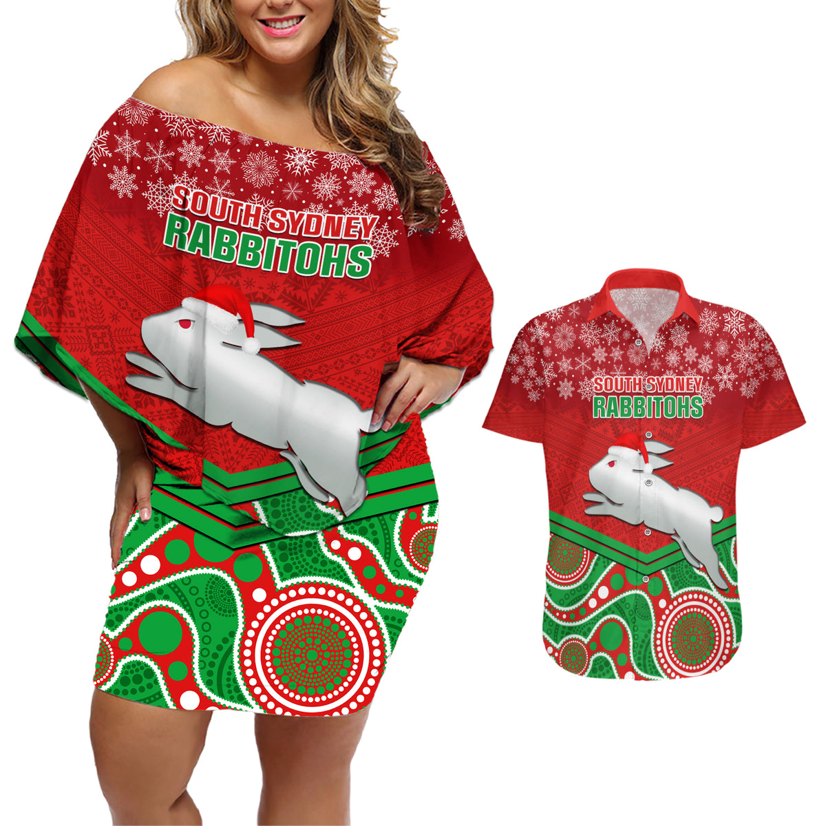 custom-rabbitohs-rugby-christmas-couples-matching-off-shoulder-short-dress-and-hawaiian-shirt-merry-xmas-2023-mix-aboriginal-art
